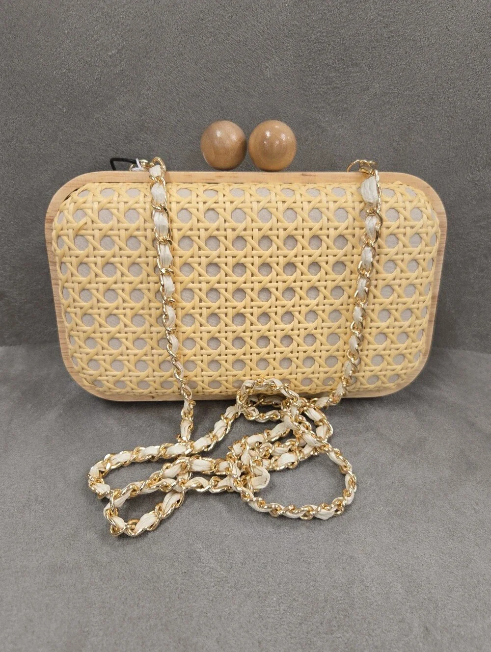 Tommy Bahama Beige Woven Rattan Clutch with Wooden Bead Closure